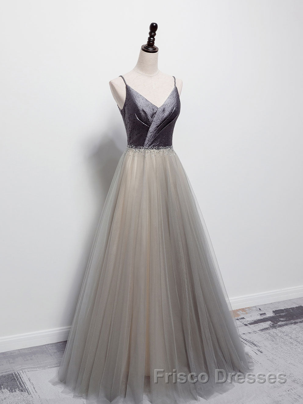 Simple gray v neck tulle long Formal Prom Dresses, gray tulle formal Dresses
