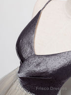 Simple gray v neck tulle long Formal Prom Dresses, gray tulle formal Dresses