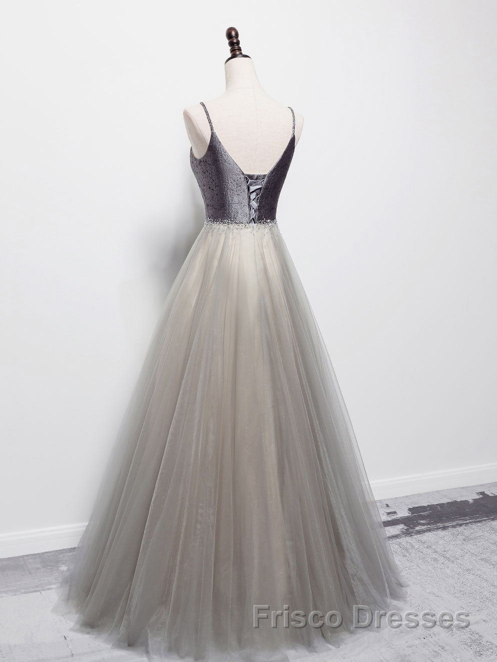Simple gray v neck tulle long Formal Prom Dresses, gray tulle formal Dresses