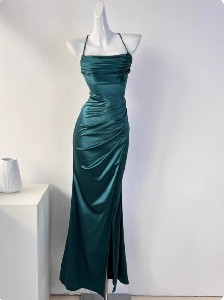 Simple Green Mermaid Pleated Crisscross Sash Slit Satin Long Prom Dress Evening Dress Bridesmaid Dress