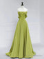 Simple Green Satin Off the Shoulder Pleats Prom Dress