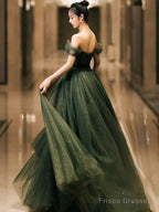 Simple Green Tulle Long Prom Dress, Green Tulle Evening Dress