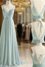 Simple Green V Neck Chiffon Lace Long Formal Prom Dress Lace Bridesmaid Dress