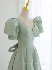 Simple Green V Neck Satin Short Formal Prom Dress, Green Evening Dress