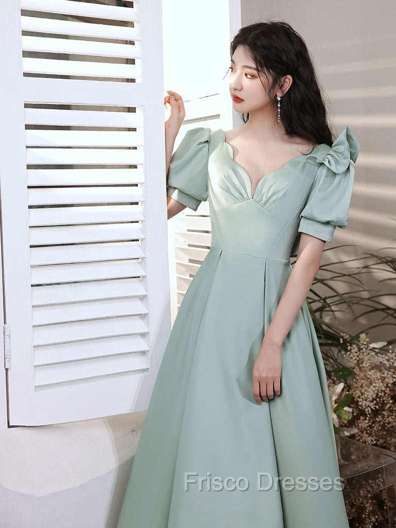 Simple Green V Neck Satin Short Formal Prom Dress, Green Evening Dress