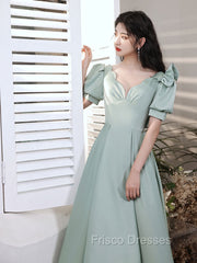 Simple Green V Neck Satin Short Formal Prom Dress, Green Evening Dress