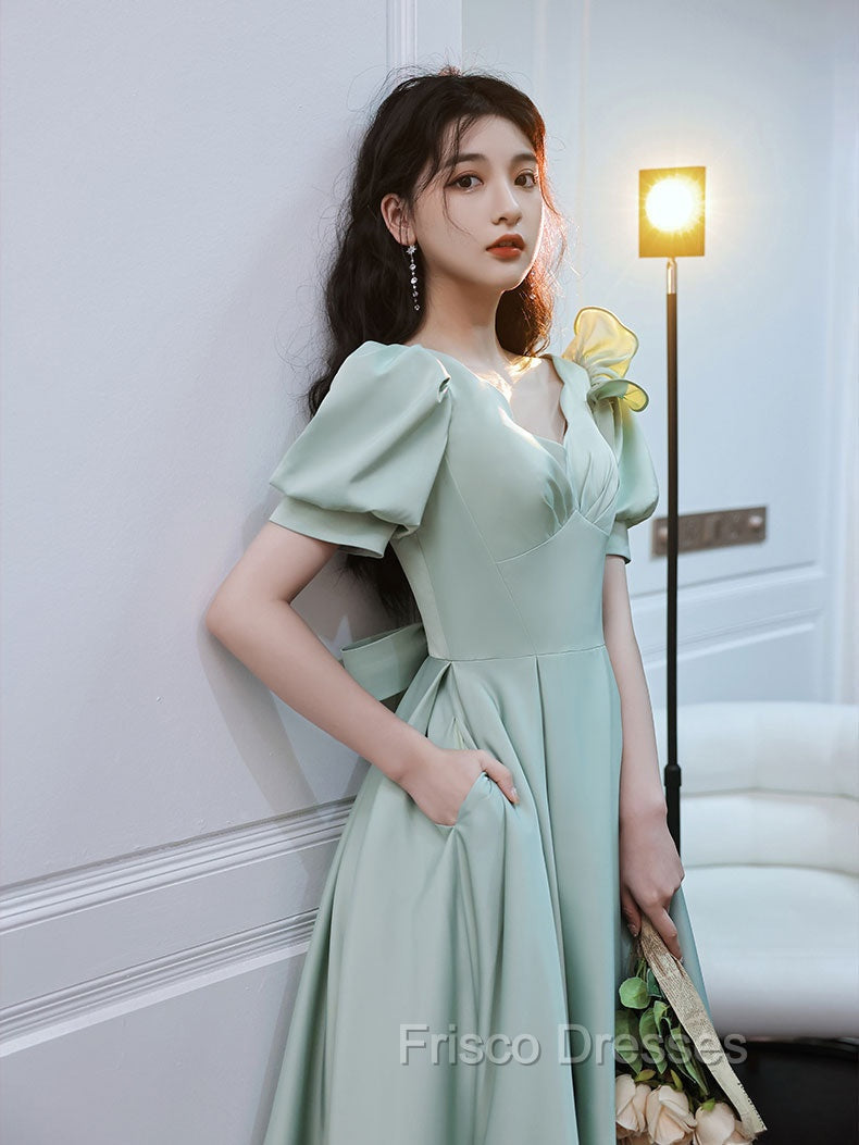 Simple Green V Neck Satin Short Formal Prom Dress, Green Evening Dress