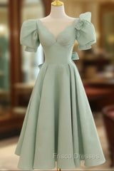 Simple Green V Neck Satin Short Formal Prom Dress, Green Evening Dress