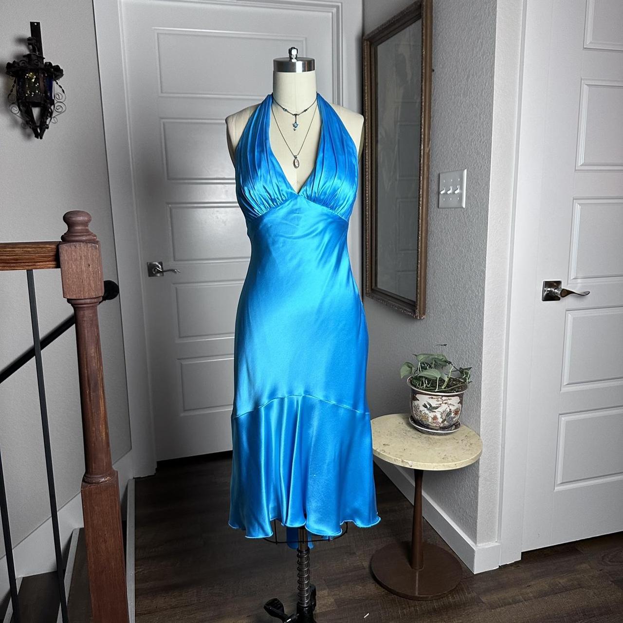 Simple Halter Neck Satin Blue Open Back Homecoming Dress Secondary image