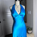 Simple Halter Neck Satin Blue Open Back Homecoming Dress