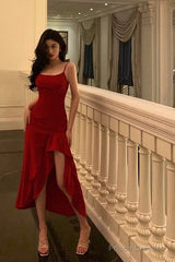 Simple High Low Spaghetti Straps Red Prom Dresses Birthday Outfits Evening Gown