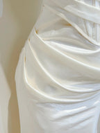 Simple Ivory Mermaid Square Neck Strapless Pleated Satin Prom Dress Evening Dress Bridesmaid Dress