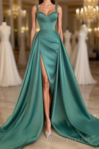 Simple Long A-Line Sweetheart Satin Formal Prom Dress With Slit