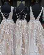 Simple Long Beaded Lace Tulle Prom Dresses Open Back