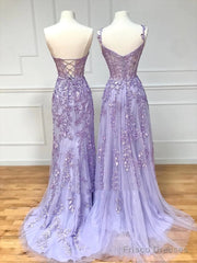 Simple Long Purple Lace Prom Dresses Evening Dress