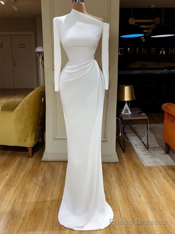 Simple Long Sleeves White Mermaid Satin Wedding Dress, Main image