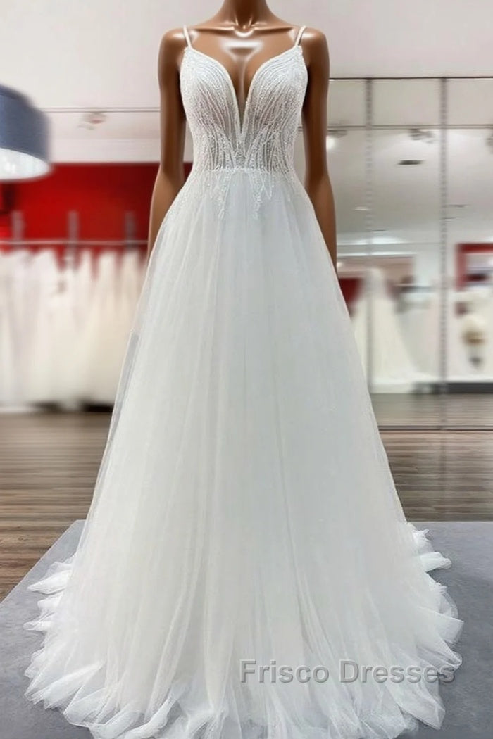 Simple Long V-neck Sequins Ruffles A-line Tulle Backless Wedding Dress Main image