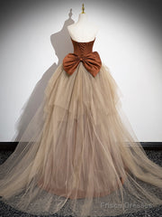 Simple Mermaid Brown/Champagne Satin Tulle Long Prom Dress, Brown Long Evening Dress