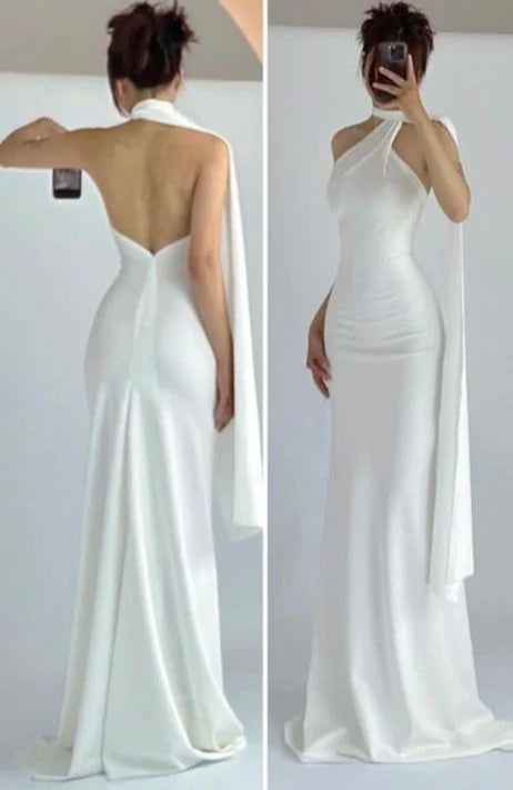 Simple Mermaid High Neckline White Party Dress Long Prom Dresses,
