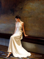 Simple Mermaid Halter Party Dresses Long White Prom Dresses