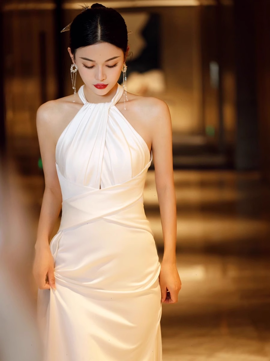 Simple Mermaid Halter Party Dresses Long White Prom Dresses