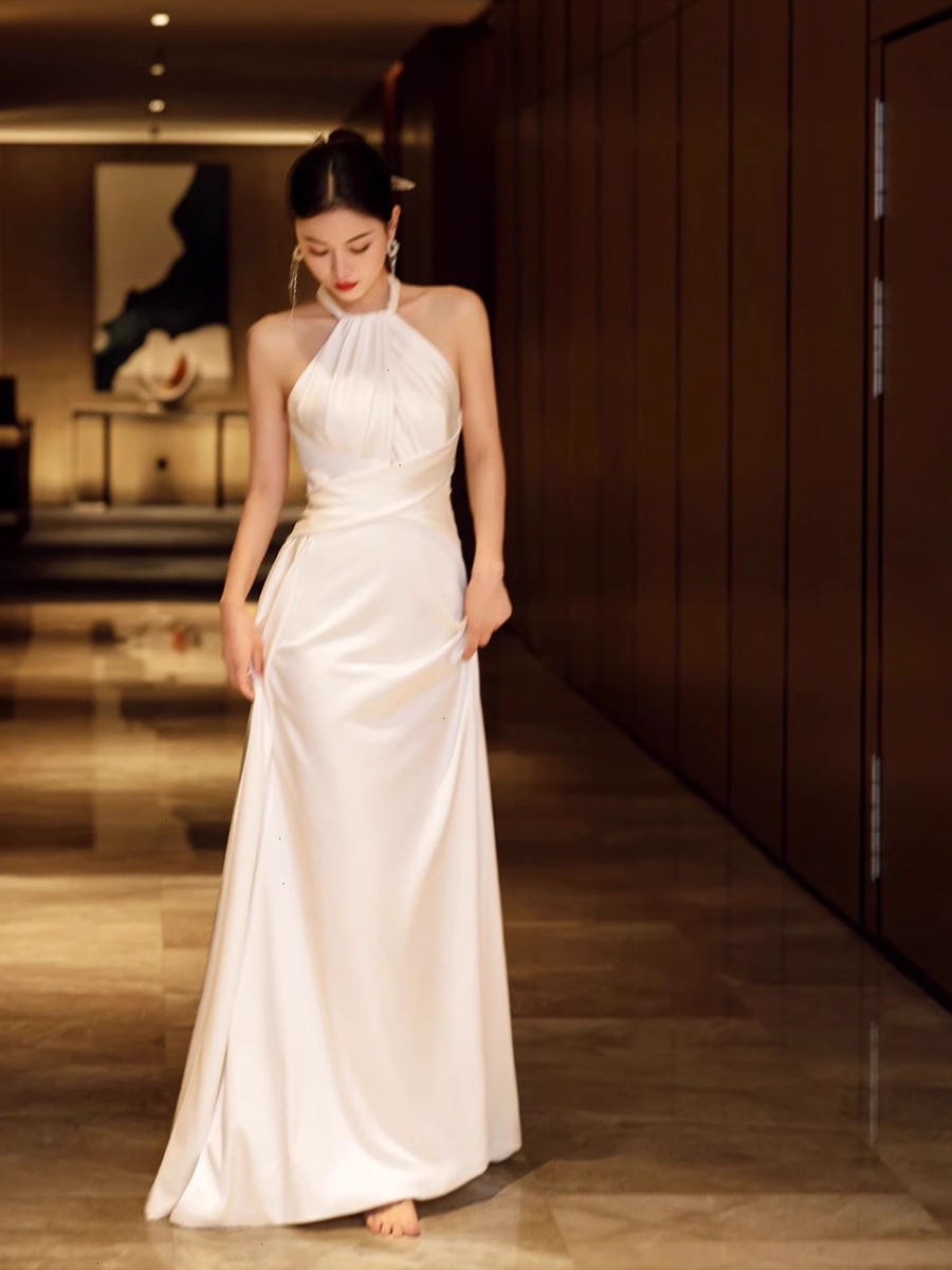 Simple Mermaid Halter Party Dresses Long White Prom Dresses