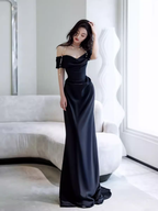 Simple Mermaid Off The Shoulder Black Prom Dresses Evening Dress