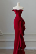 Simple Mermaid Off The Shoulder Neckline Burgundy Sequin Long Party Dress Formal Prom Dress