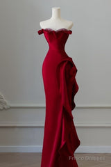 Simple Mermaid Off The Shoulder Neckline Burgundy Sequin Long Party Dress Prom Dresses