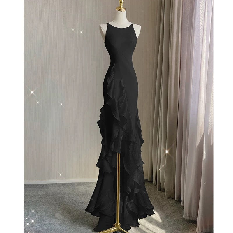 Simple Mermaid Prom Gown With Ruffles Spaghetti Straps Backless Prom Dress For Date