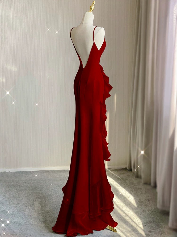 Simple Mermaid Prom Gown With Ruffles Spaghetti Straps Backless Prom Dress For Date