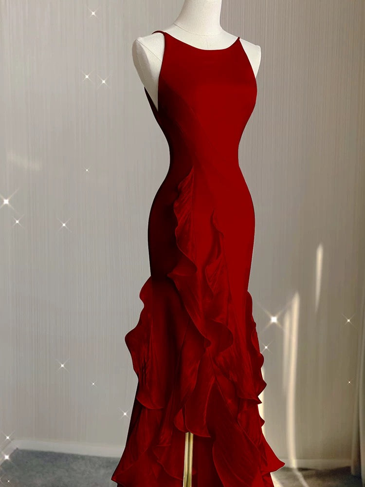 Simple Mermaid Prom Gown With Ruffles Spaghetti Straps Backless Prom Dress For Date