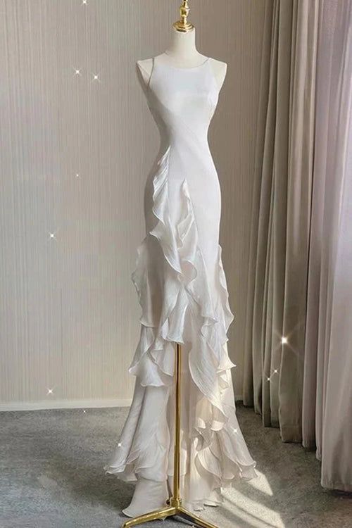 Simple Mermaid Prom Gown With Ruffles Spaghetti Straps Backless Prom Dress For Date