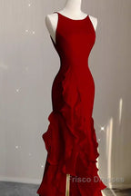 Simple Mermaid Red Chiffon Long Formal Prom Dress