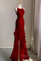 Simple Mermaid Red Chiffon Long Formal Prom Dress