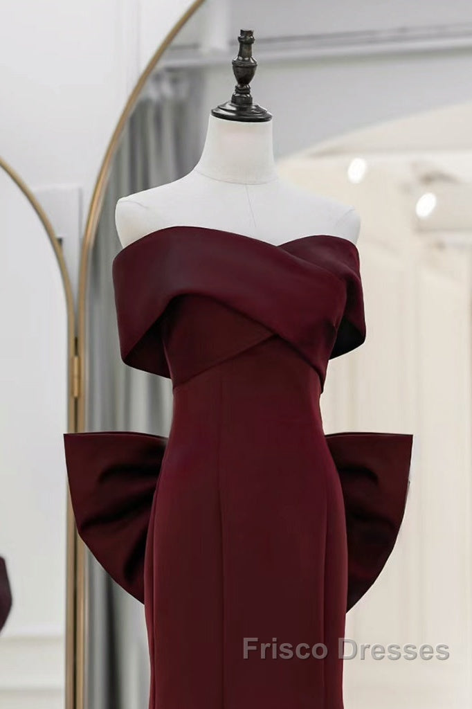 Simple Mermaid Satin Burgundy Long Formal Prom Dress, Burgundy Long Formal Dress