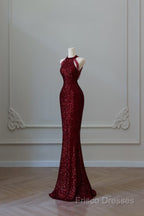 Simple Mermaid Scoop Neckline Burgundy Sequin Long Party Dress Formal Prom Dress