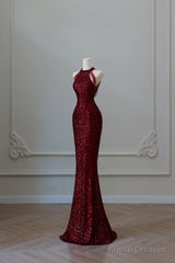Simple Mermaid Scoop Neckline Burgundy Sequin Long Party Dress Prom Dresses