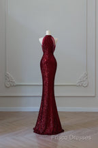 Simple Mermaid Scoop Neckline Burgundy Sequin Long Party Dress Formal Prom Dress