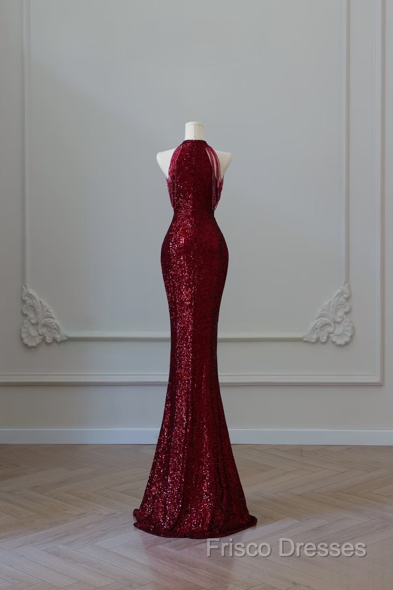 Simple Mermaid Scoop Neckline Burgundy Sequin Long Party Dress Formal Prom Dress