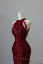 Simple Mermaid Scoop Neckline Burgundy Sequin Long Party Dress Formal Prom Dress