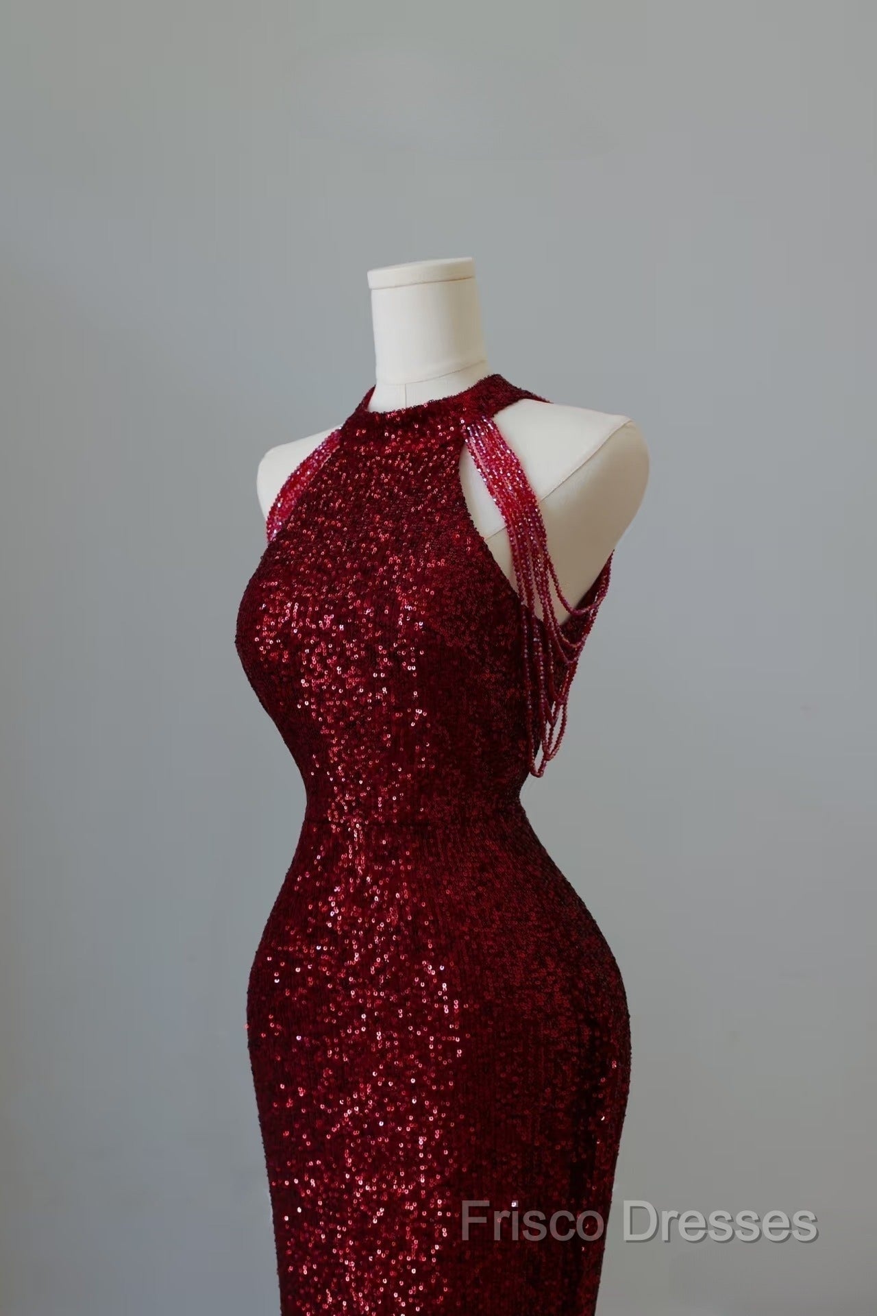 Simple Mermaid Scoop Neckline Burgundy Sequin Long Party Dress Formal Prom Dress