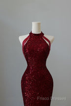Simple Mermaid Scoop Neckline Burgundy Sequin Long Party Dress Formal Prom Dress