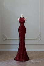 Simple Mermaid Scoop Neckline Burgundy Sequin Long Party Dress Formal Prom Dress