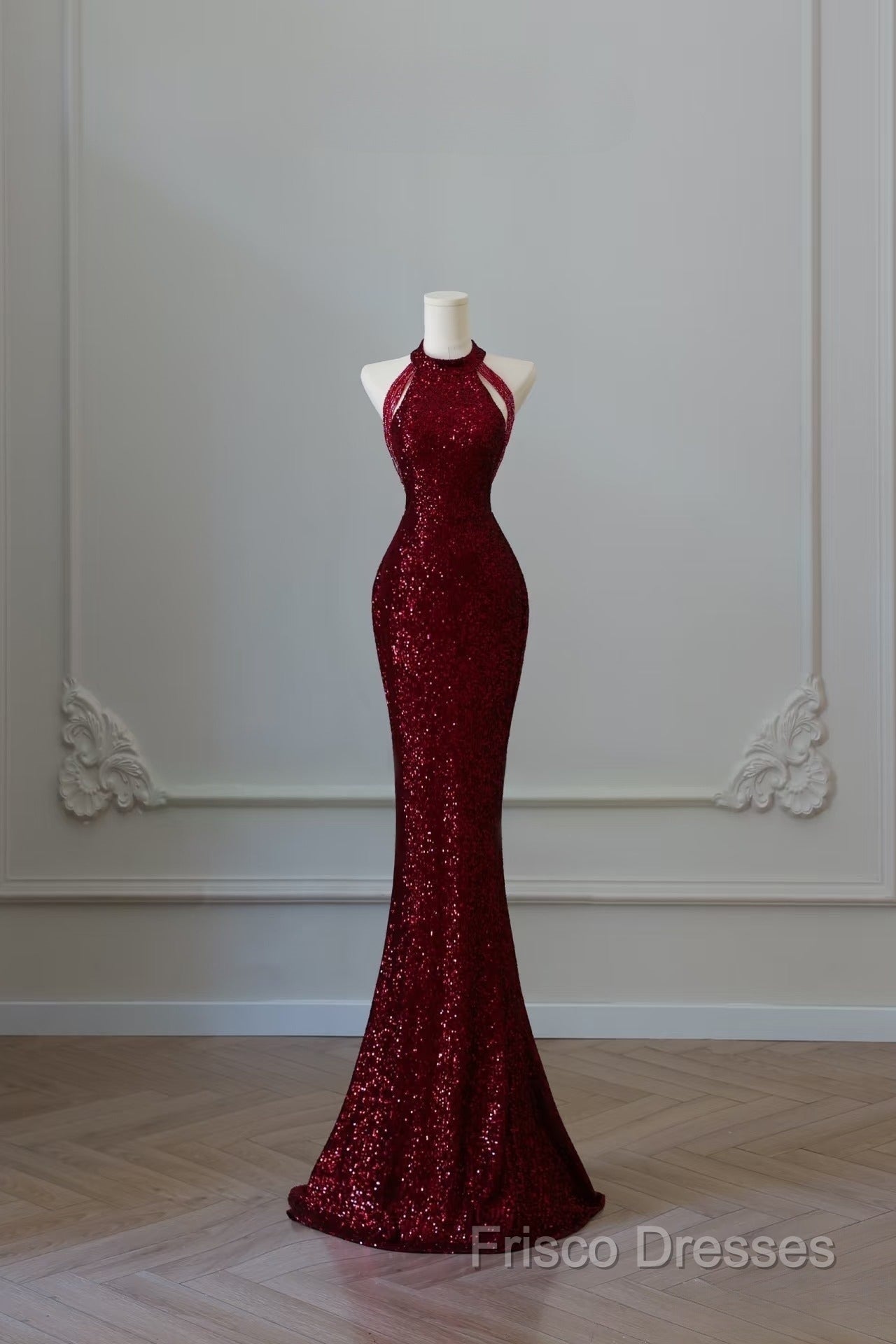 Simple Mermaid Scoop Neckline Burgundy Sequin Long Party Dress Formal Prom Dress