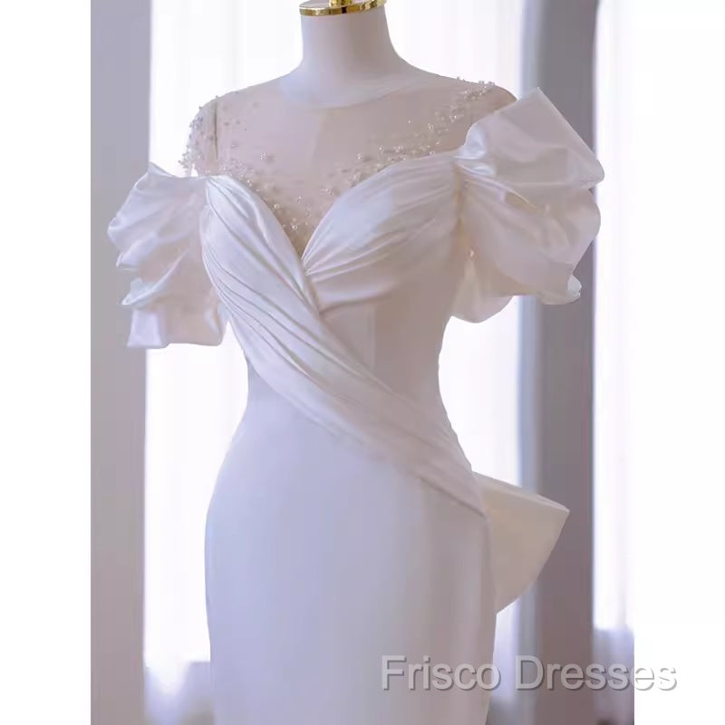 Simple Mermaid Scoop Neckline Satin White Long Wedding Dress