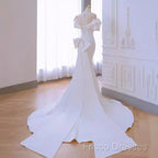 Simple Mermaid Scoop Neckline Satin White Long Wedding Dress