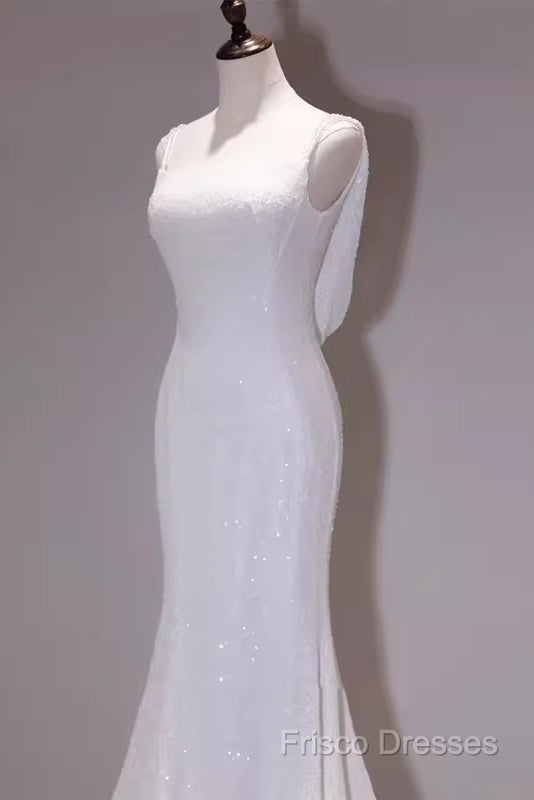 Simple Mermaid Spaghetti Straps Sequin White Long Wedding Dress Secondary image