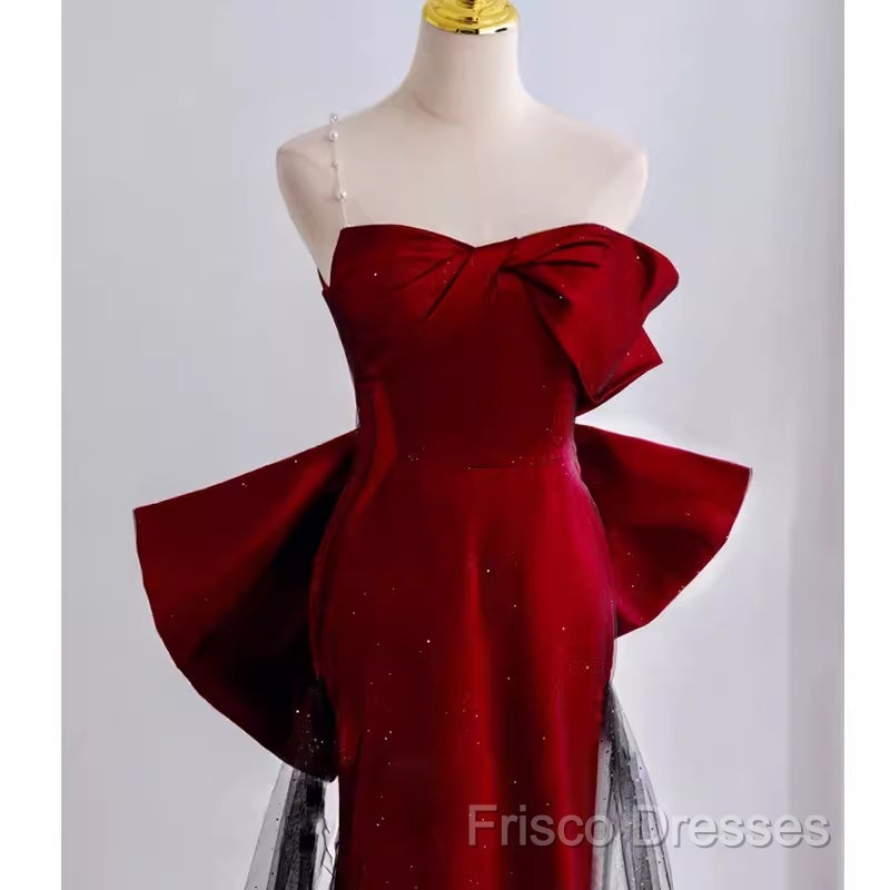 Simple Mermaid Strapless Burgundy Floor Length Formal Prom Dress