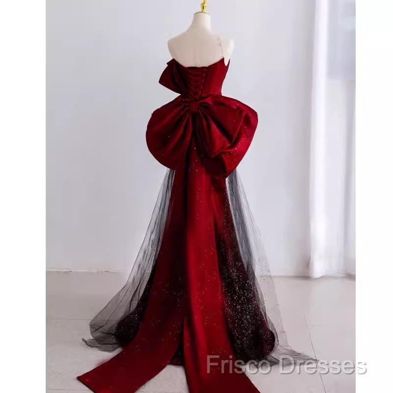 Simple Mermaid Strapless Burgundy Floor Length Formal Prom Dress